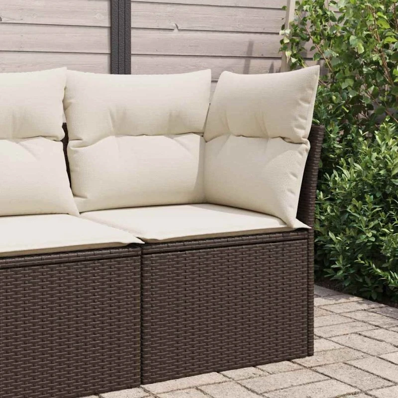 Hjørnemodul til havesofa i brun polyrattan med hynder