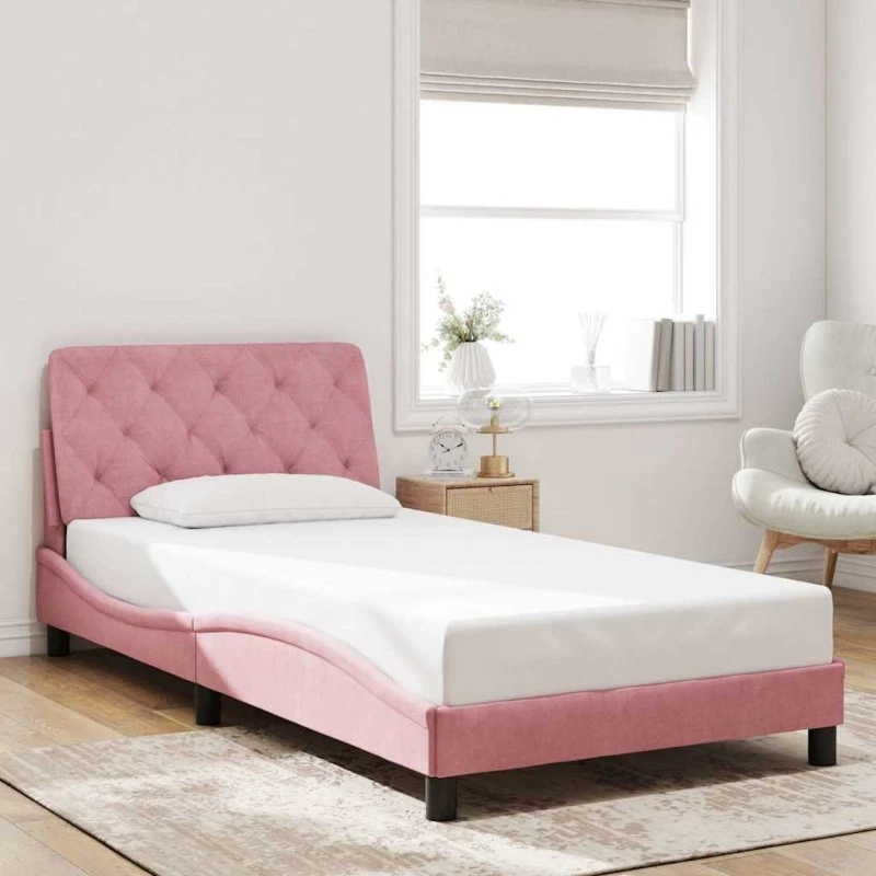 Sengeramme 100x200 cm i lyserød velour med gavl