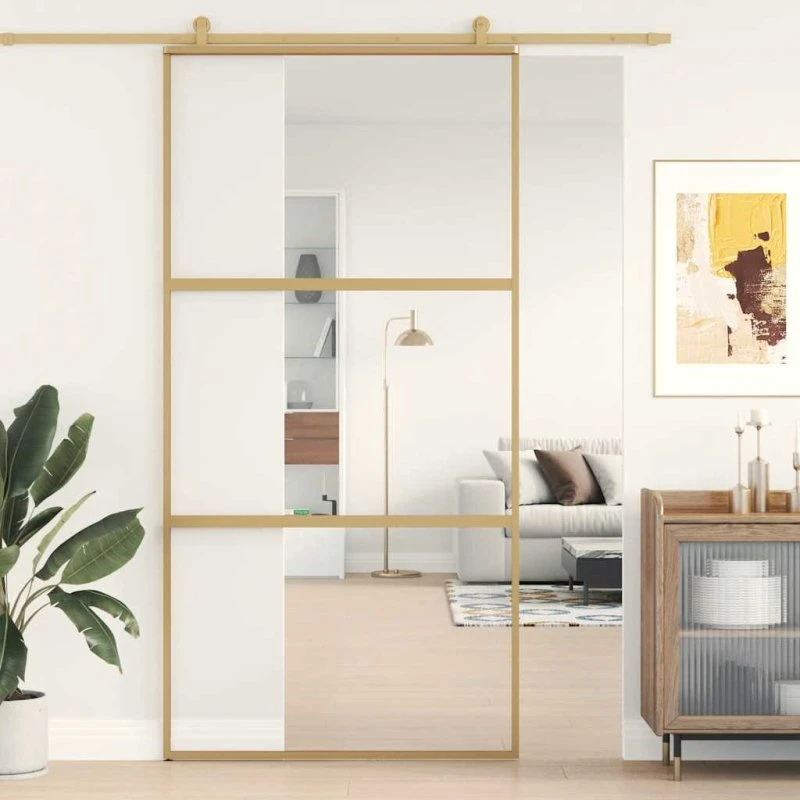Skydedør 102,5x205 cm - klart sikkerhedsglas, gylden alu