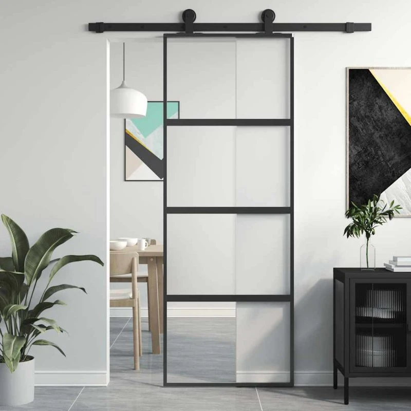 Skydedør 76x205 cm – hærdet glas & sort aluminium