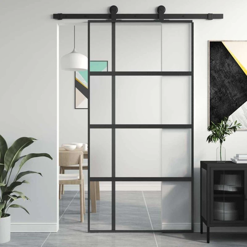 Skydedør 102,5x205 cm – Sort aluminium & hærdet glas