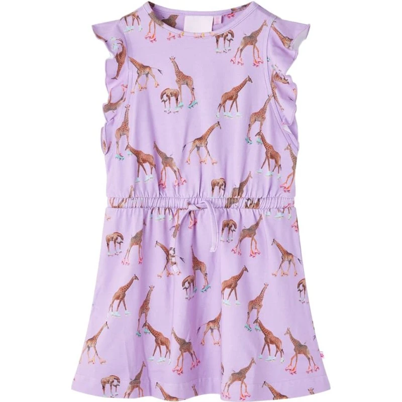 Børnekjole str. 128 i lilla med flæseærmer