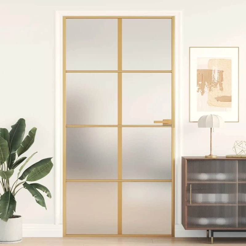 Indvendig aluminiumsdør 102,5×201,5 cm guldfarvet med hærdet glas