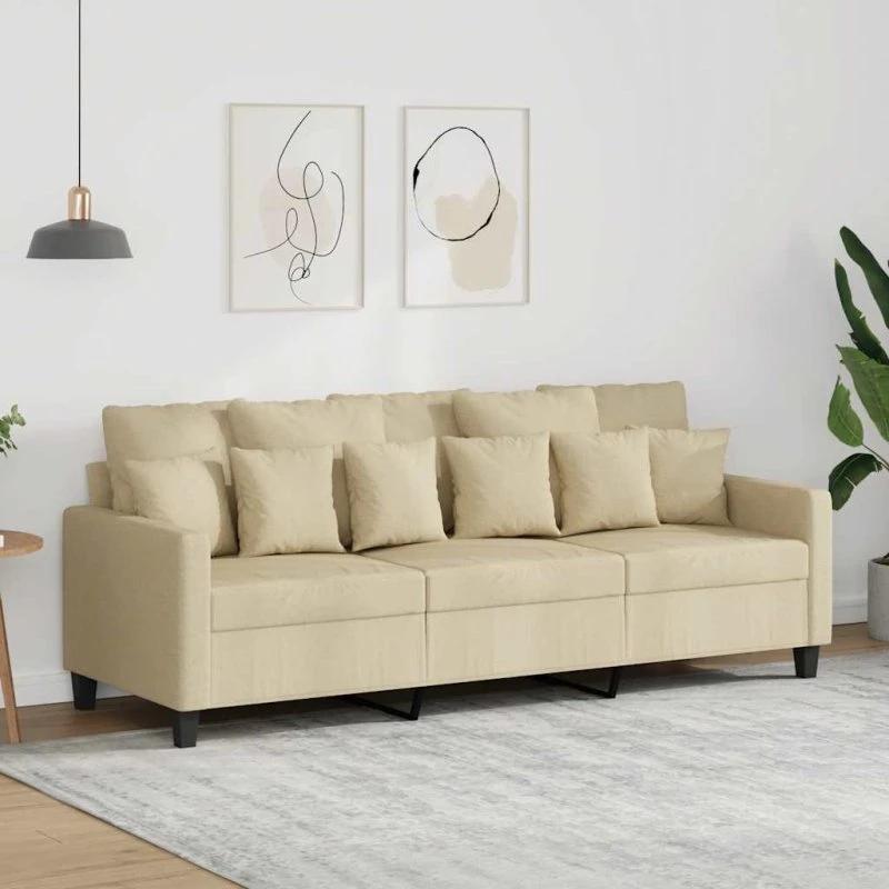 3-personers sofa 180 cm i creme stof, robust metalstel