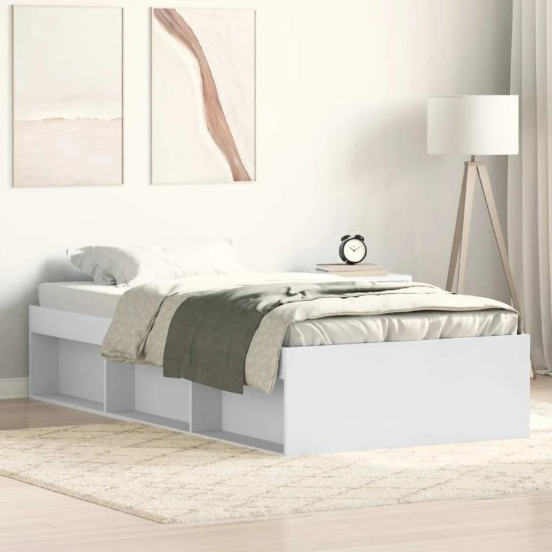 Sengeramme 75x190 cm hvid i træ med opbevaring