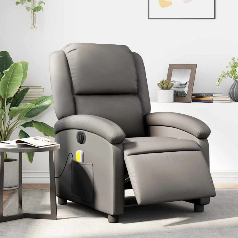 Massagestol i ægte læder, grå – elektrisk recliner