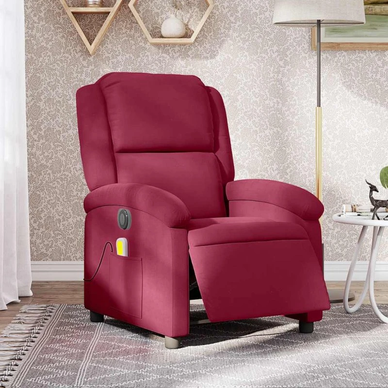 Massagestol i velour vinrød - elektrisk lænefunktion