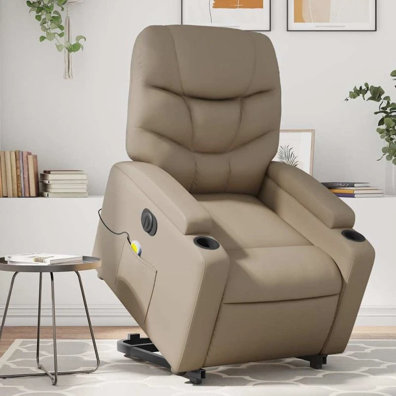 Massagestol med løftefunktion i cappuccino kunstlæder