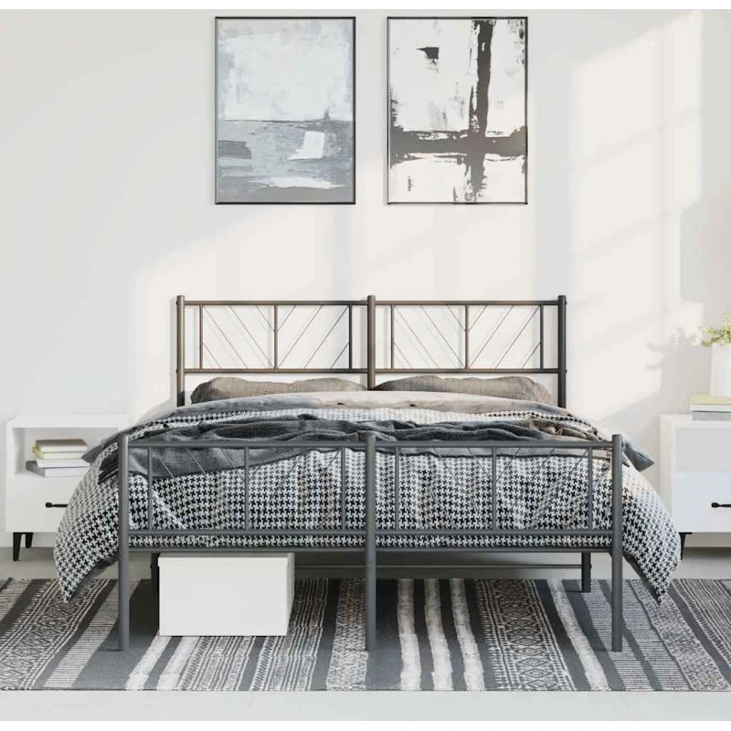 Sengeramme i metal med gavl og fodgærde 135x190 cm - Sort
