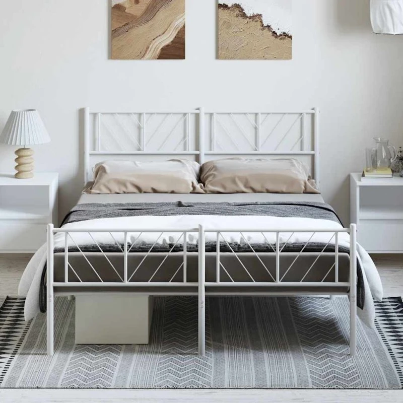 Sengeramme i metal med gavl & fodgærde 135x190 cm hvid