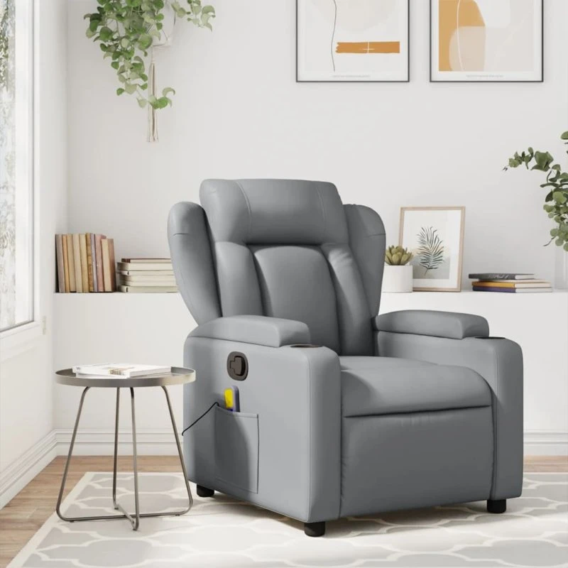 Lænestol i kunstlæder grå med manuel recliner