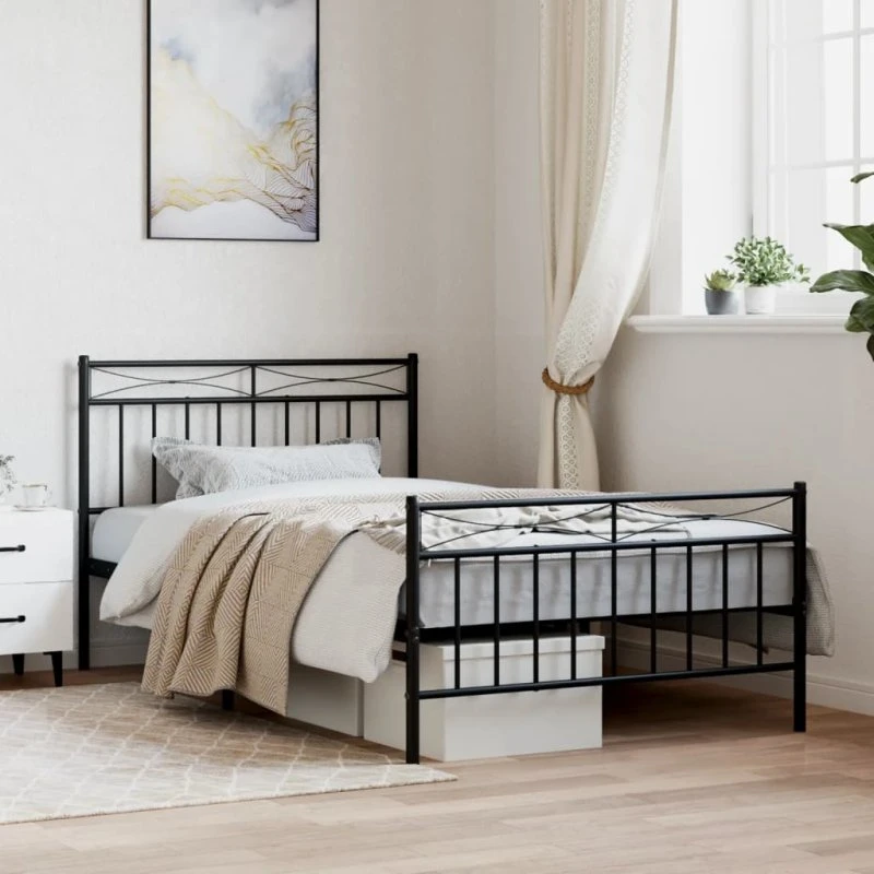 Sengeramme i metal med sengegavl 107x203 cm - sort