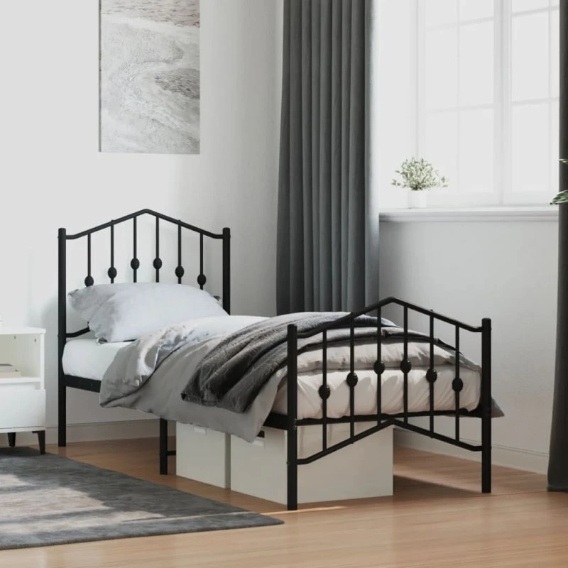 Sengeramme 75x190 cm med sengegavl og fodgærde, sort