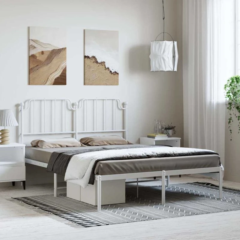 Sengeramme med sengegavl 135x190 cm – hvid metal