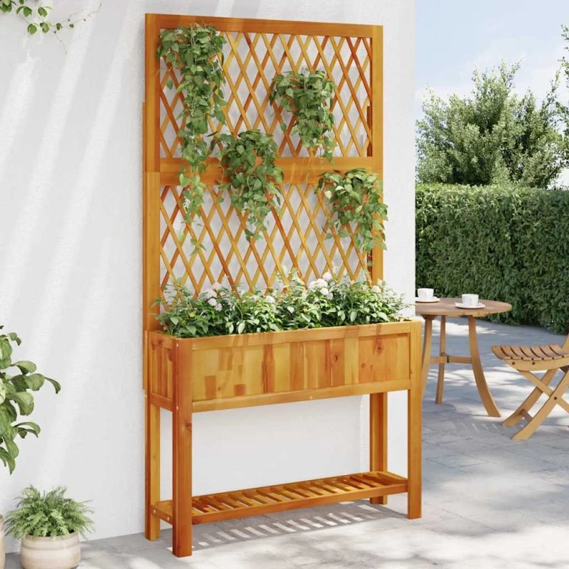 Plantekasse i massivt akacietræ med espalier & hylde 100x32x185
