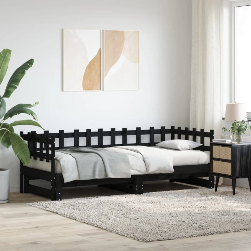 Daybed med udtræk 2x90x190 cm, massivt fyrretræ - sort