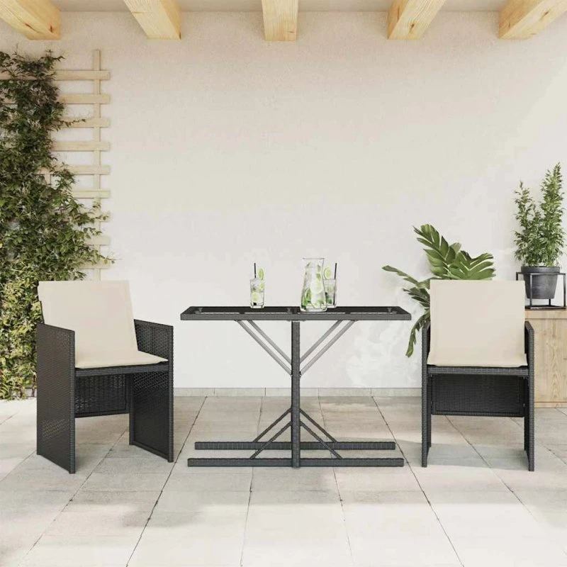 Bistrosæt 3 dele i sort polyrattan med hynder