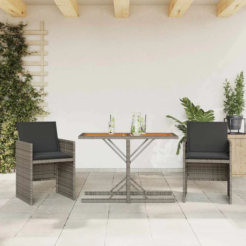 Bistrosæt i polyrattan 3 dele med hynder – grå
