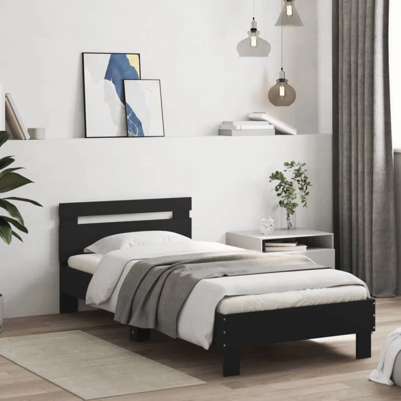 Sengeramme med sengegavl 90x200 cm, sort – konstrueret træ