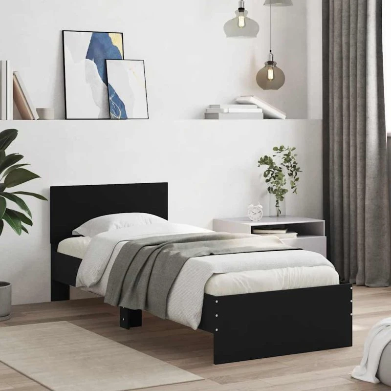 Sengeramme med sengegavl 75x190 cm - sort, konstrueret træ