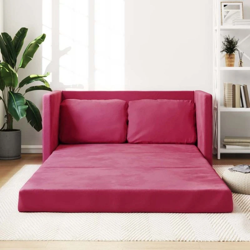 2-i-1 sovesofa i velour, vinrød 122x204x55 cm
