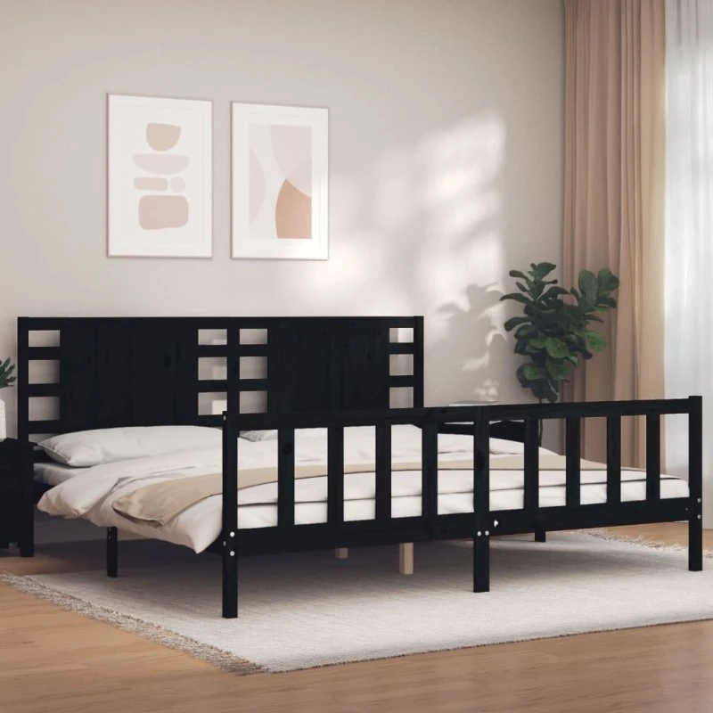 Sengeramme 200x200 med sengegavl i massivt fyrretræ – sort