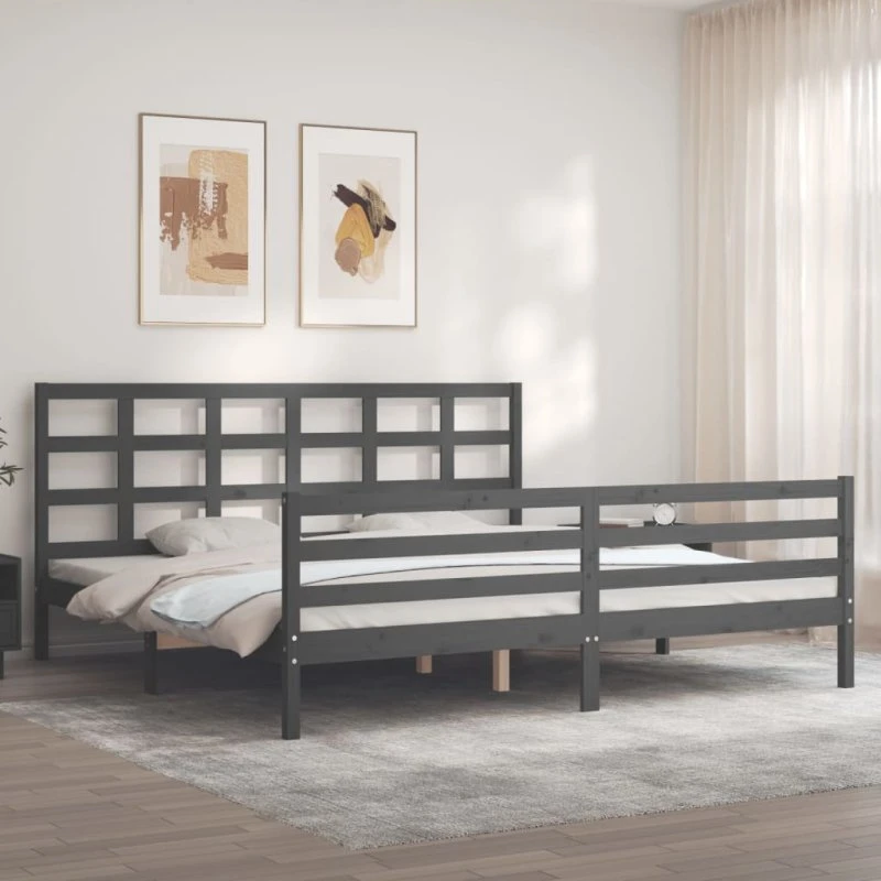 Sengeramme 200x200 cm i massivt fyrretræ med sengegavl, grå