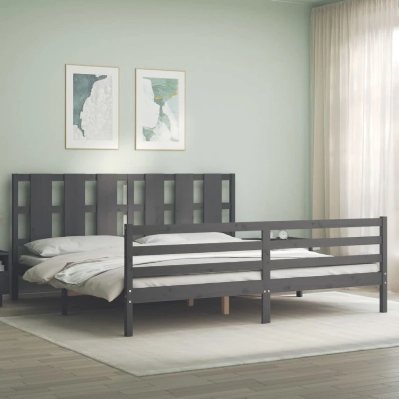 Sengeramme med sengegavl 200x200 cm i massivt fyrretræ, grå