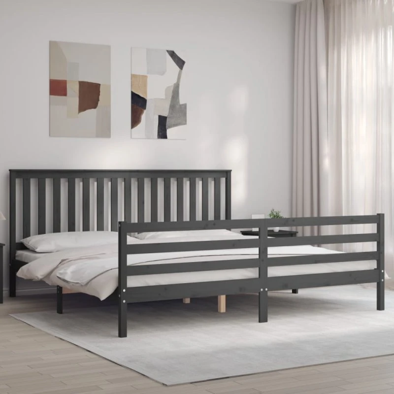 Sengeramme med sengegavl 200x200 cm i massivt fyrretræ, grå