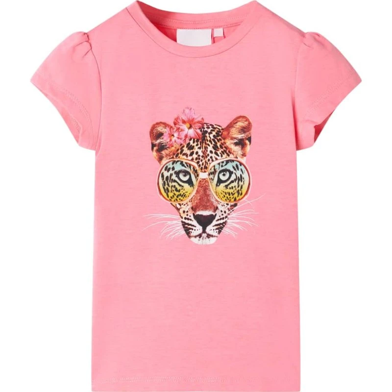 T-shirt til børn str. 92 – neonpink med leopardhoved
