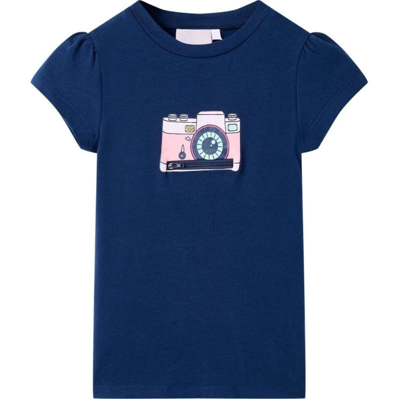 Børne T-shirt str. 116 - Marineblå med kameraprint