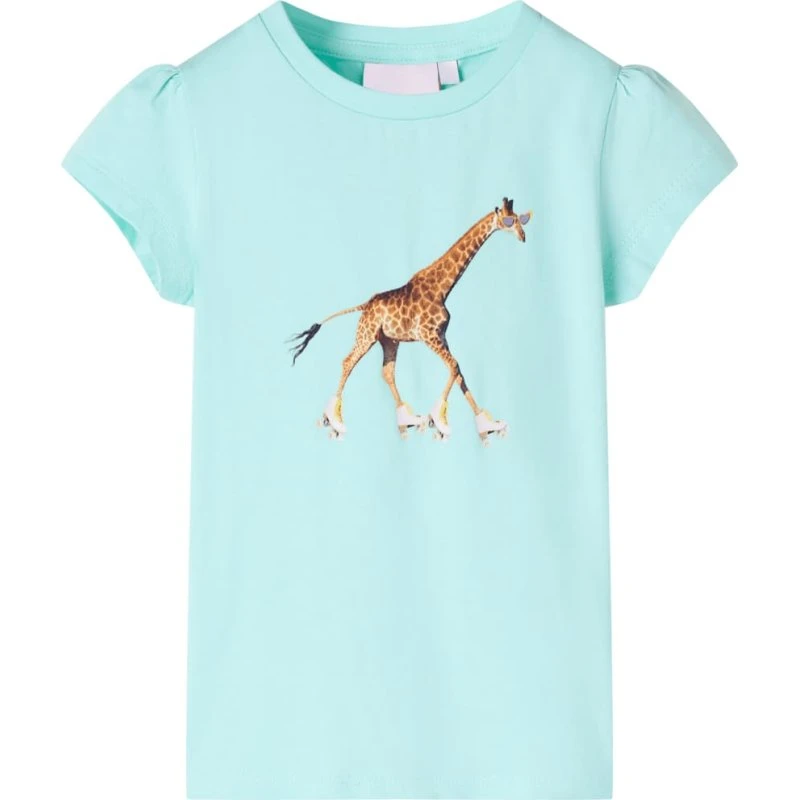 Børne-T-shirt str.116, lys akvamarin med giraf