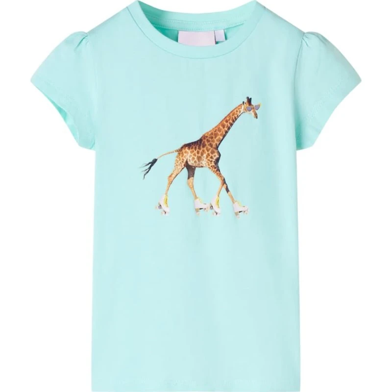 Børne-T-shirt str. 128 lys akvamarin med girafprint