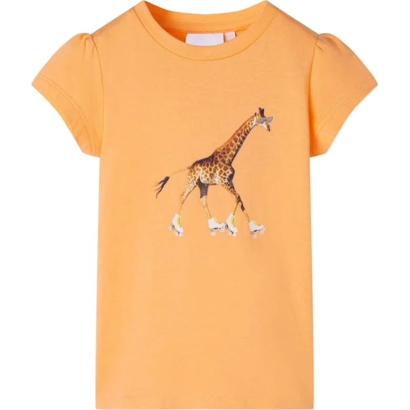 Børne-T-shirt str. 128 lys orange med girafprint
