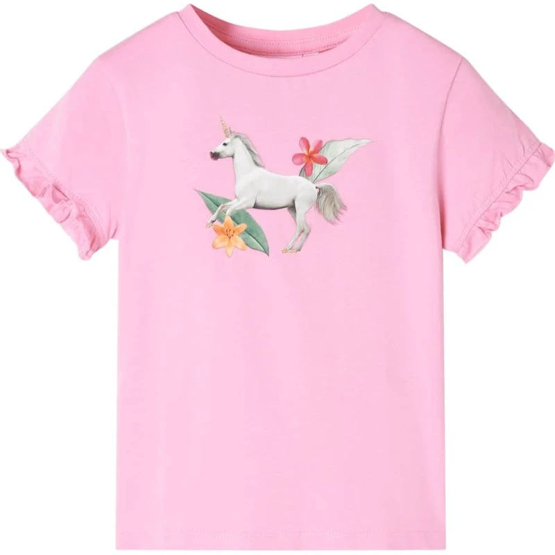 Børne-T-shirt str. 116 i pink med enhjørning