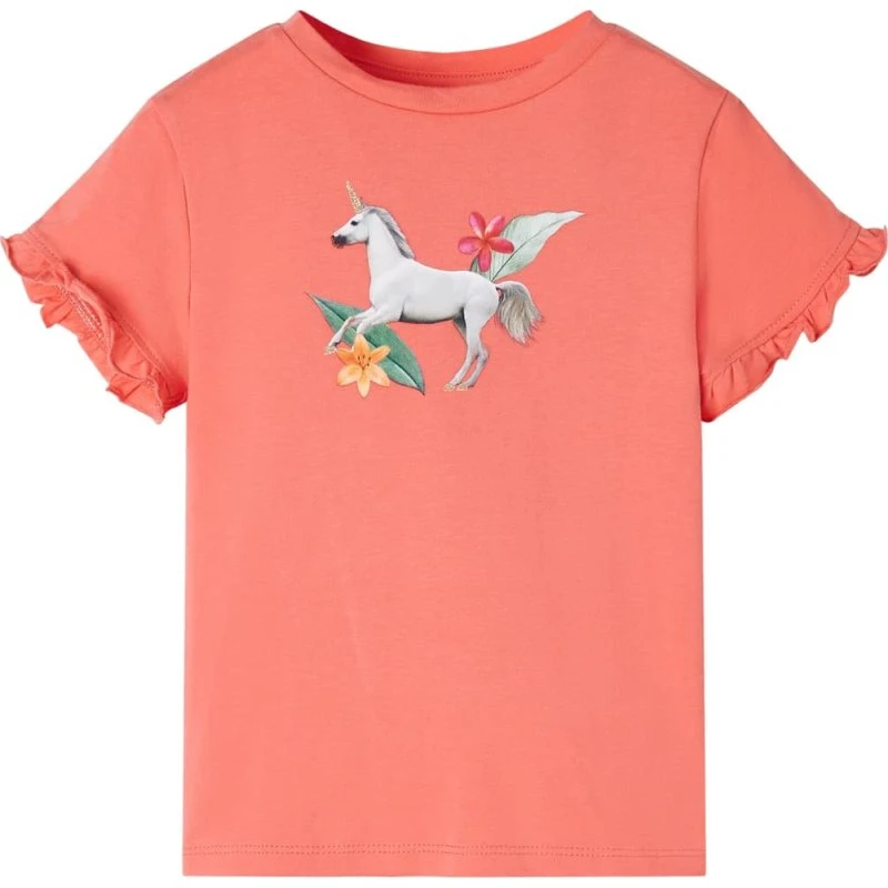 Koralfarvet T-shirt børn str. 104 med enhjørning