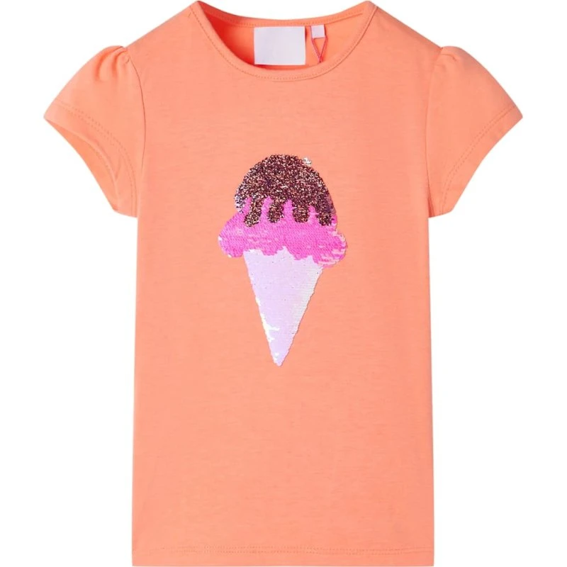 Børne-T-shirt str. 104 neon-orange med vendbar paillet