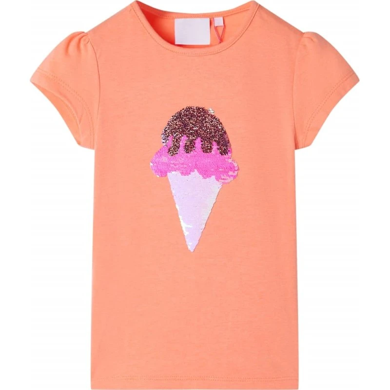 Børne-T-shirt neon-orange str.128 med vendbar paillet