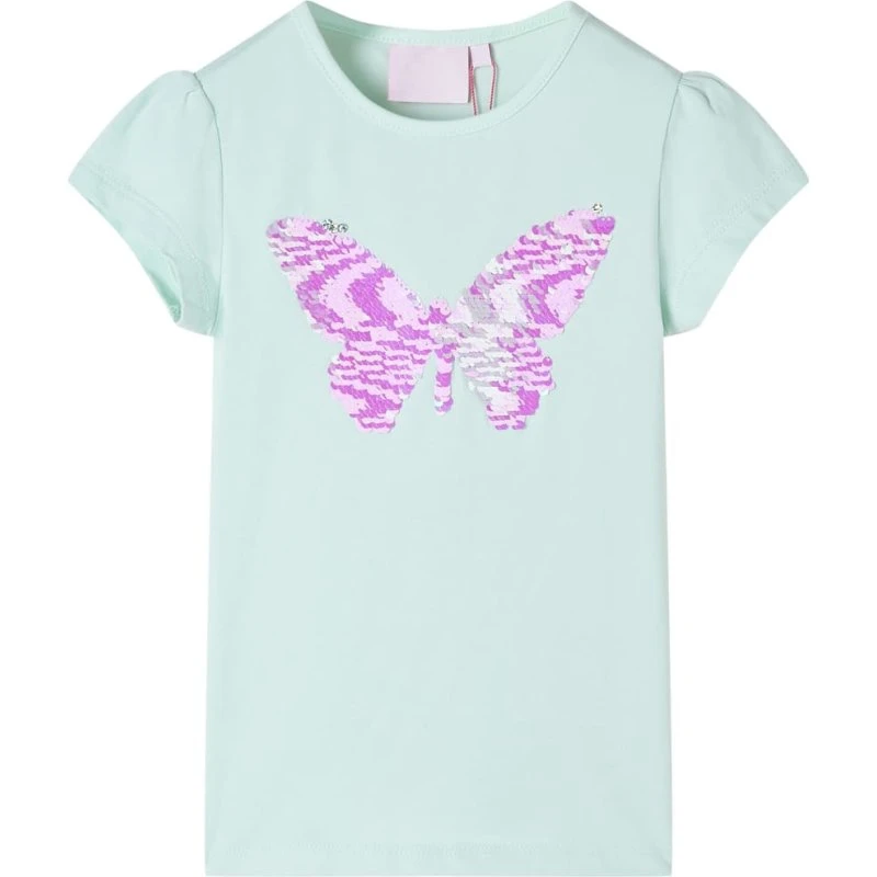 Børne T-shirt str. 128 – Mintgrøn med pailletsommerfugl