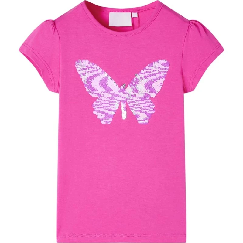 Børne T-shirt str. 116 i pink med paillet-sommerfugl