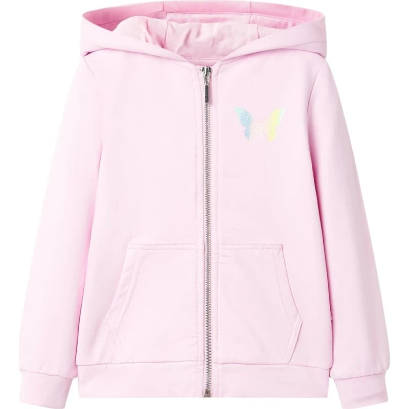 Børne hættetrøje str. 104 – Lyserød, lynlås og lommer