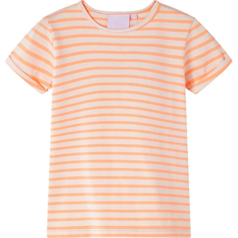 Børne T-shirt 116 - Neon-orange, kortærmet stribet