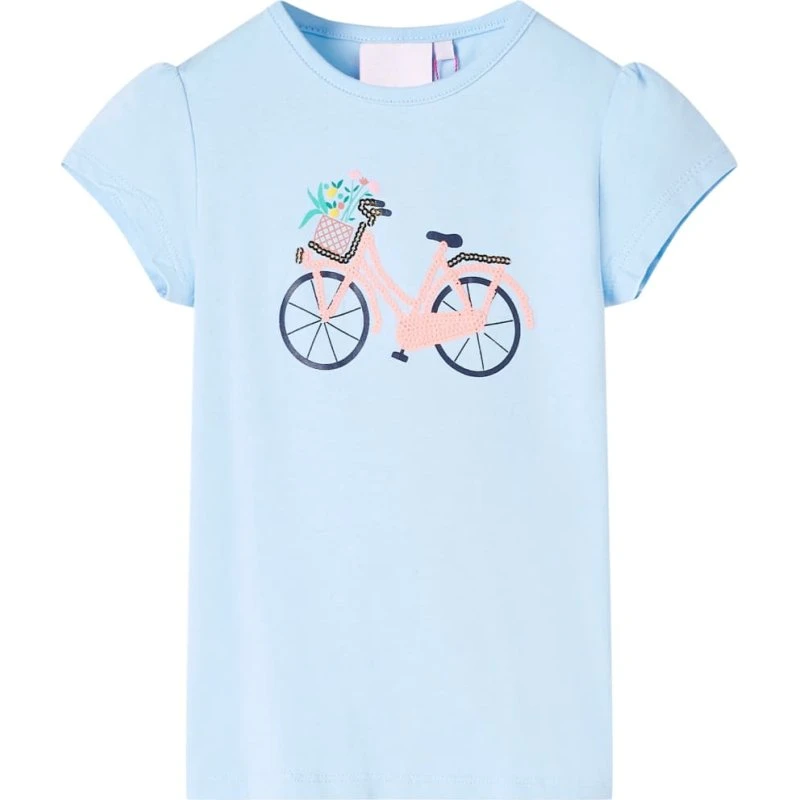 Børne-T-shirt lyseblå str. 128 med cykelprint