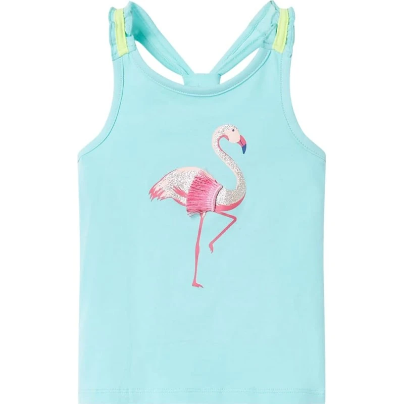 Børne tanktop str. 128 – lys mint med glitter-flamingo