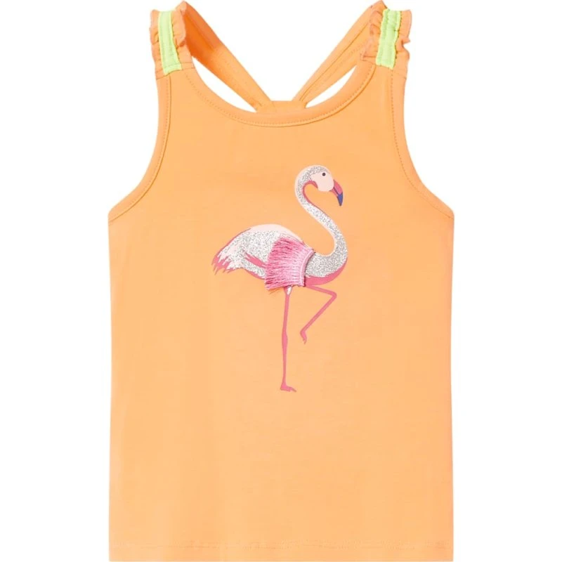 Børne tanktop str. 116 i orange med glitter-flamingo