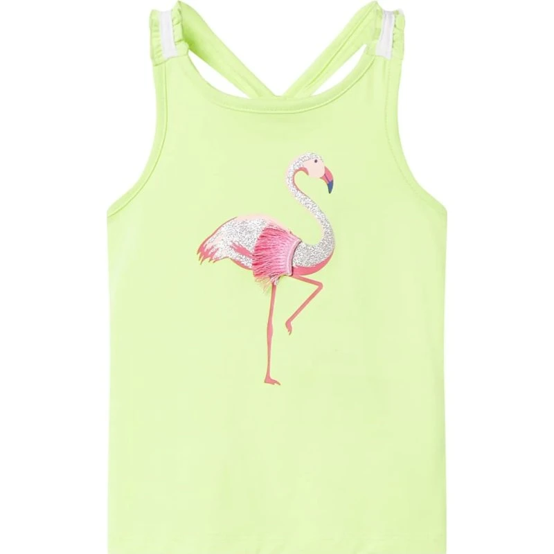 Børne tanktop neongul med glitter-flamingo, str. 116
