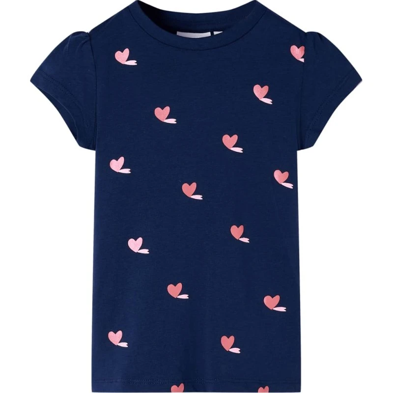 T-shirt til børn str. 128 – marineblå med hjerteprint