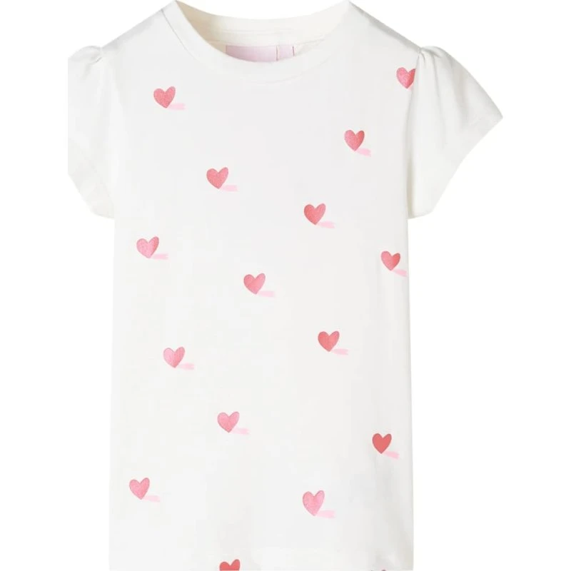 Børne T-shirt str.116 ecru med hjerteprint