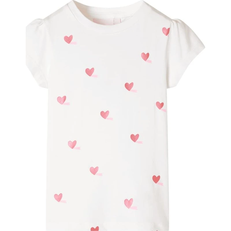 Børne T-shirt str. 128 ecru med hjerteprint