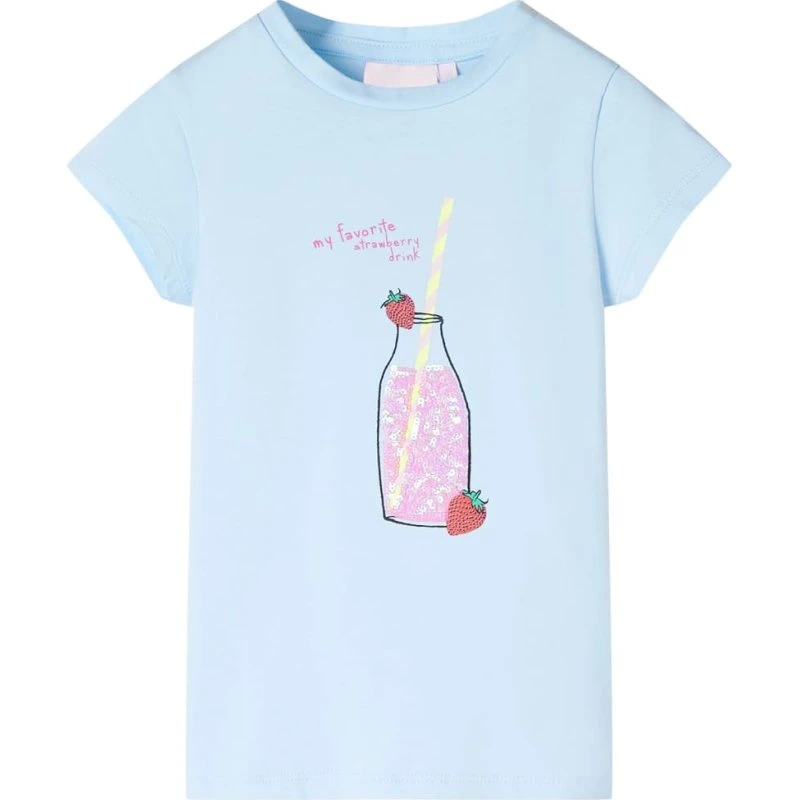 Børne-T-shirt str. 128, lyseblå med flasketryk